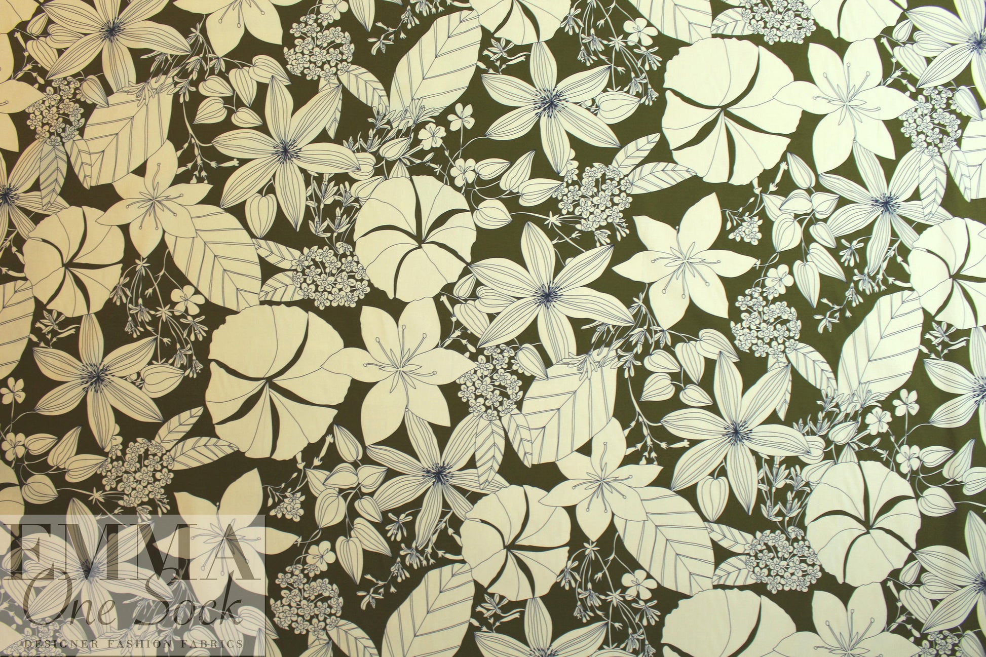 Italian olive floral silhouette cotton/viscose shirting