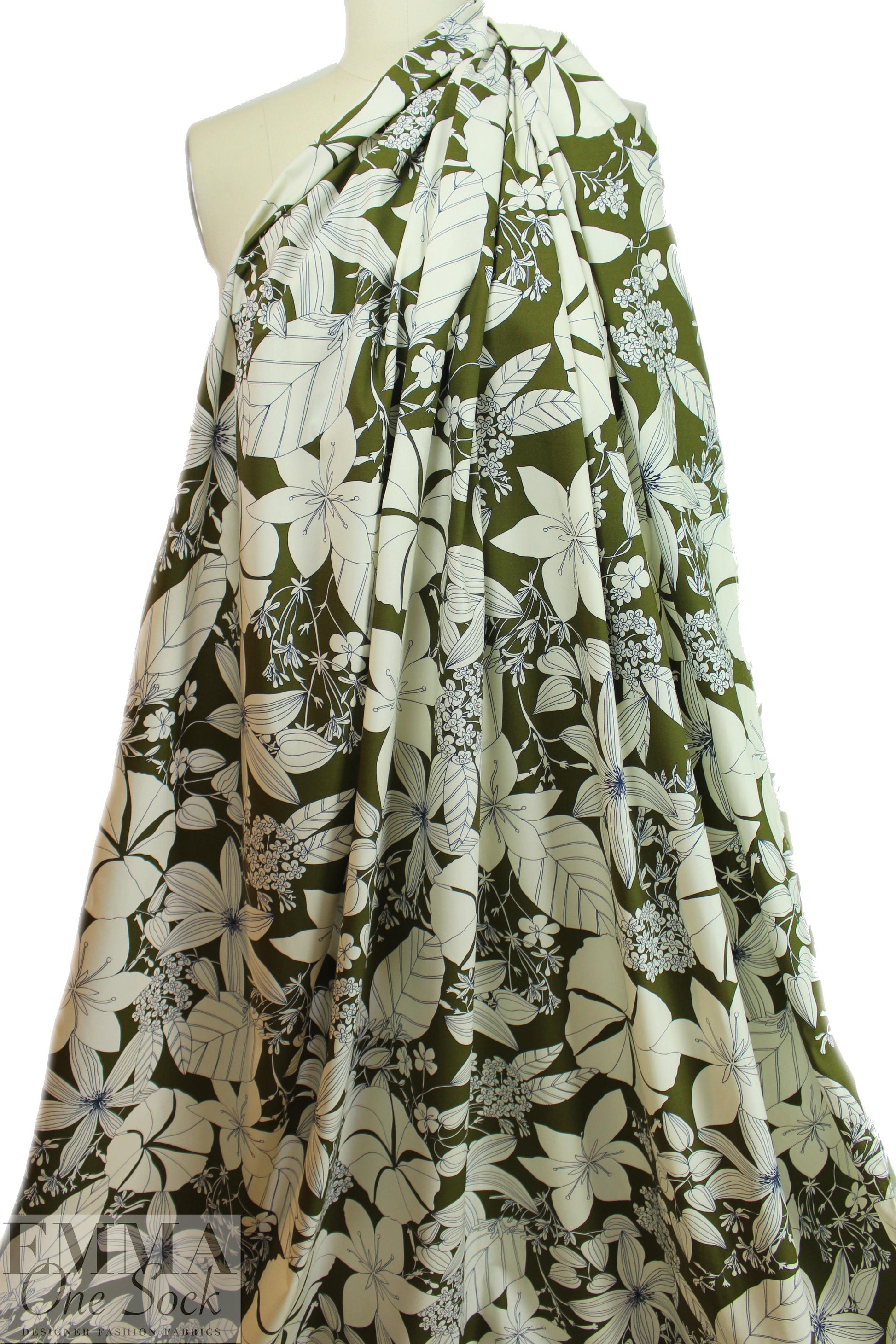 Italian olive floral silhouette cotton/viscose shirting