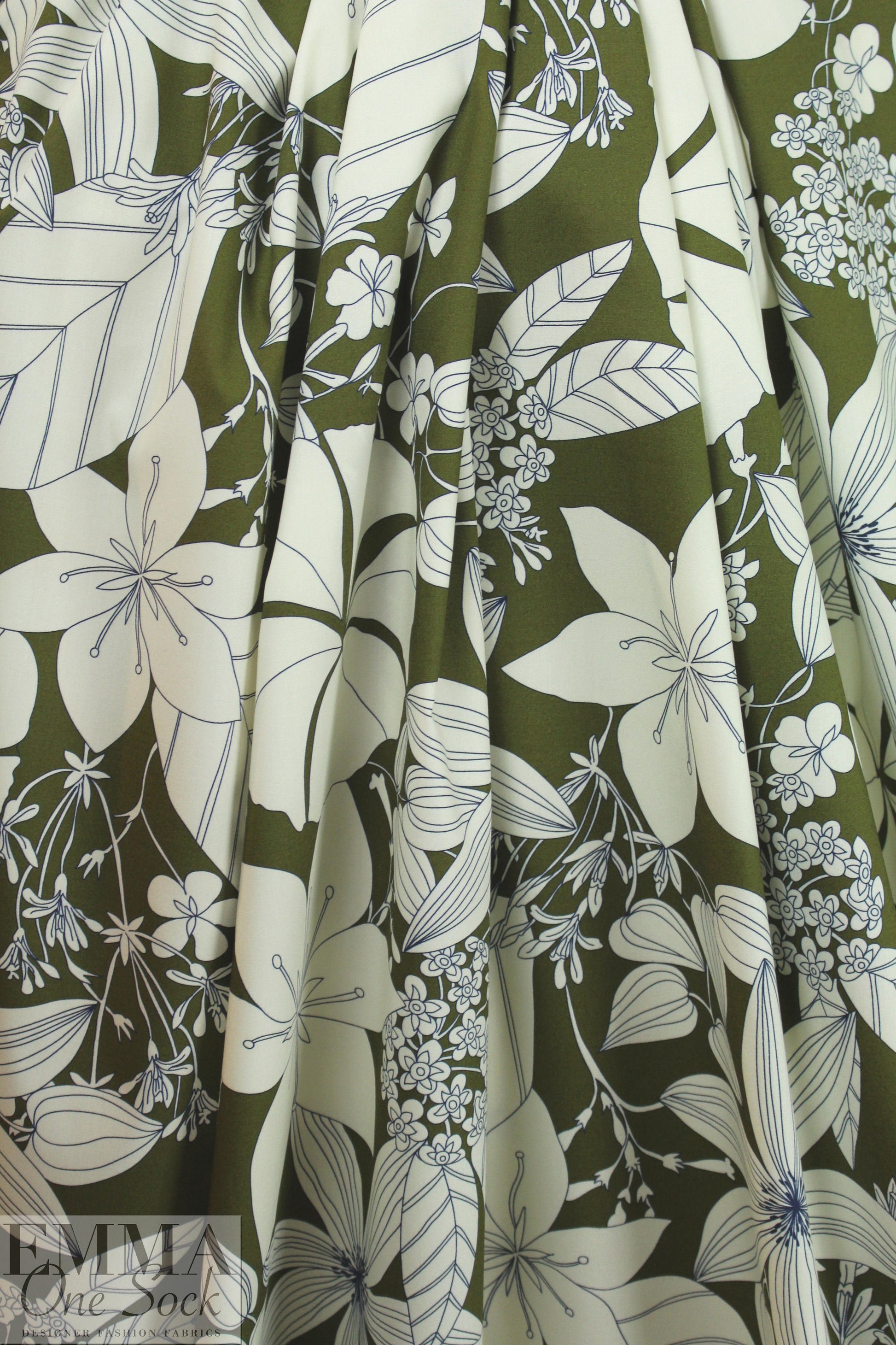 Italian olive floral silhouette cotton/viscose shirting