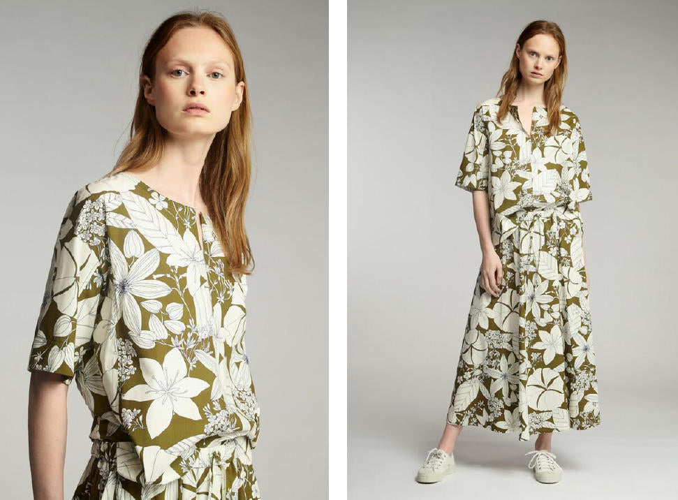 Italian olive floral silhouette cotton/viscose shirting