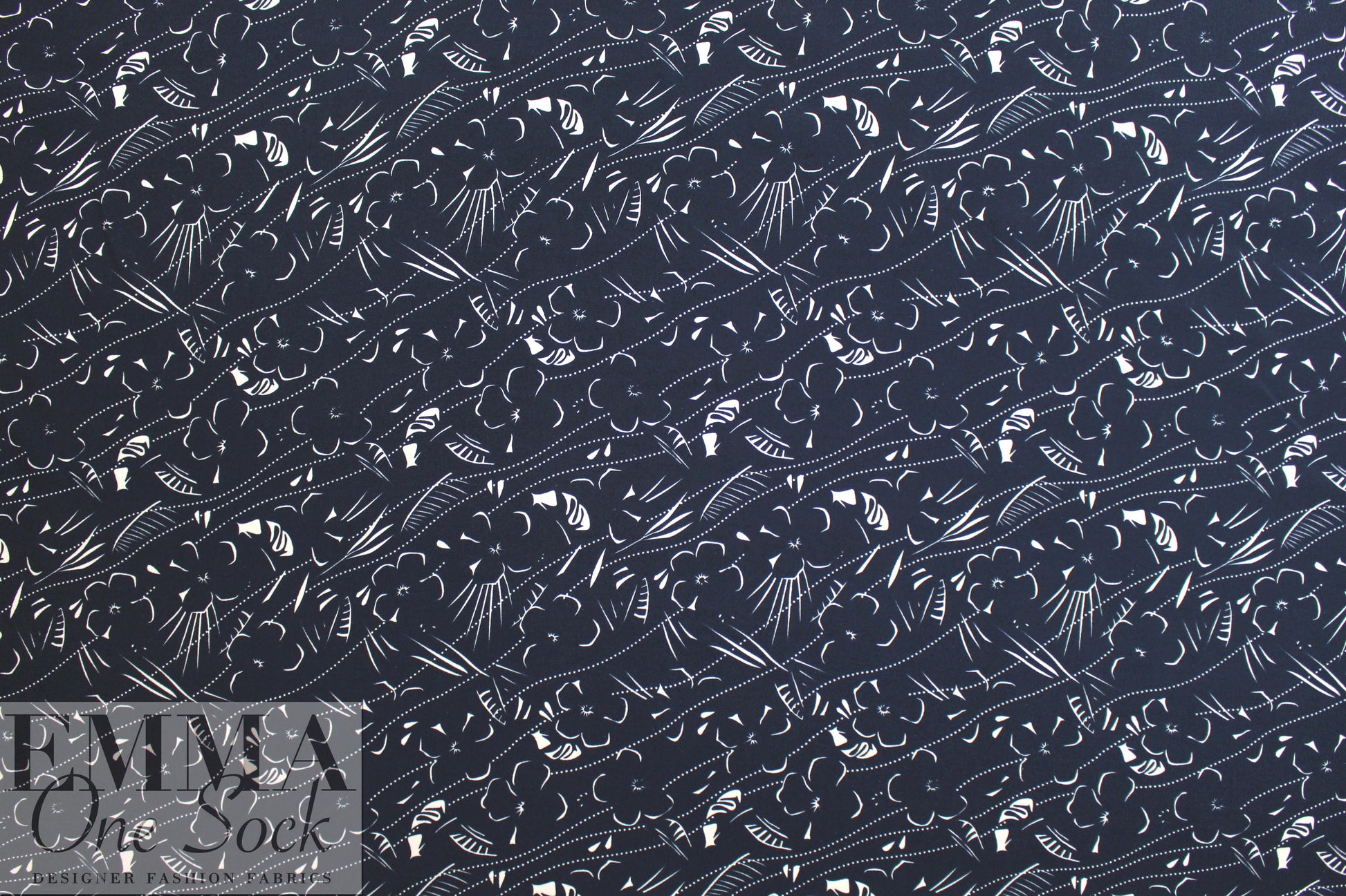 Italian viscose crepe woven - navy/white graphic whimsy