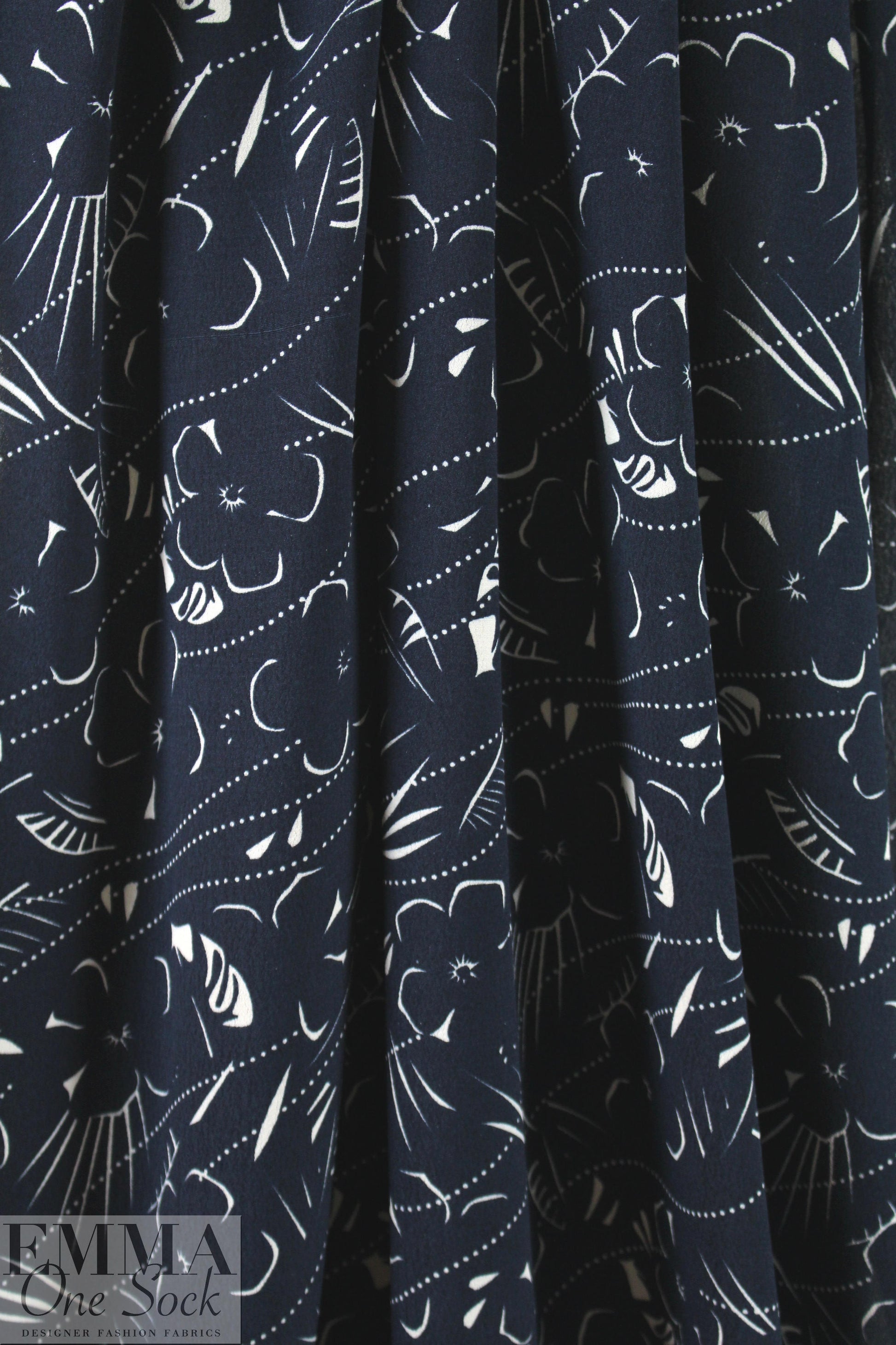Italian viscose crepe woven - navy/white graphic whimsy .75 yds