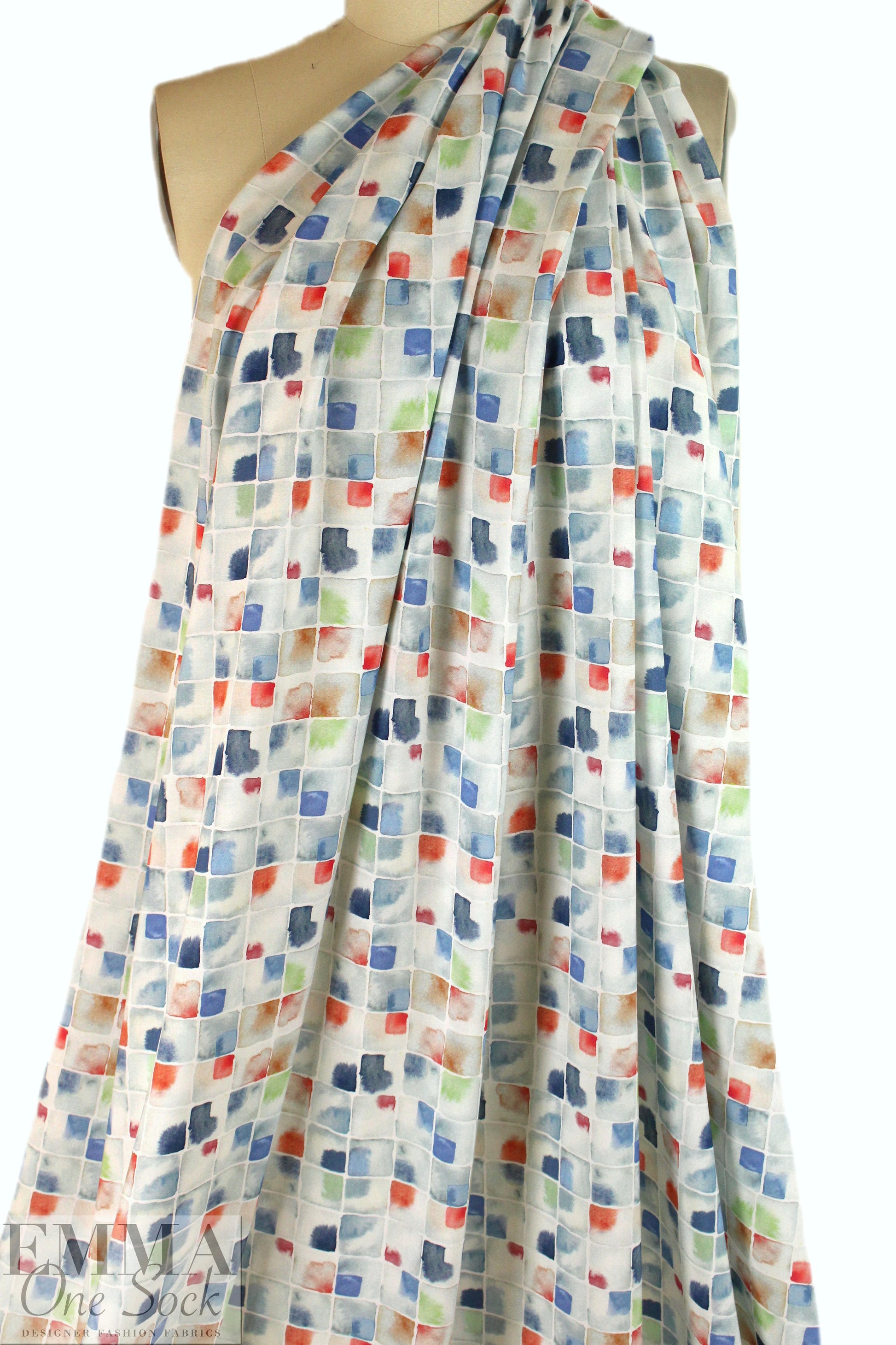 Italian 'watercolor tiles' drapey viscose woven