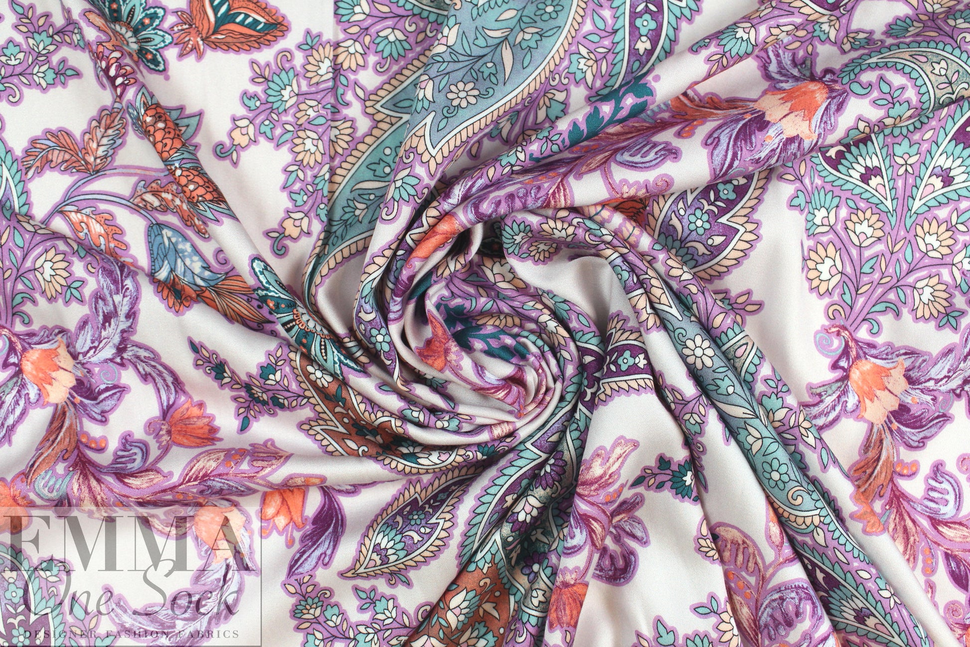 Italian coral/wisteria paisley satin finish viscose woven .625 yds