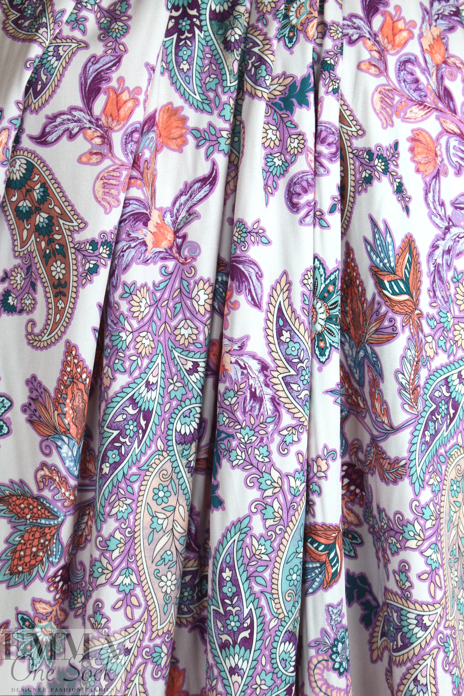 Italian coral/wisteria paisley satin finish viscose woven .625 yds