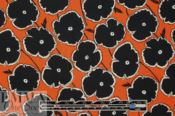 Italian black/hot orange stylized flowers viscose challis 1.875 yd