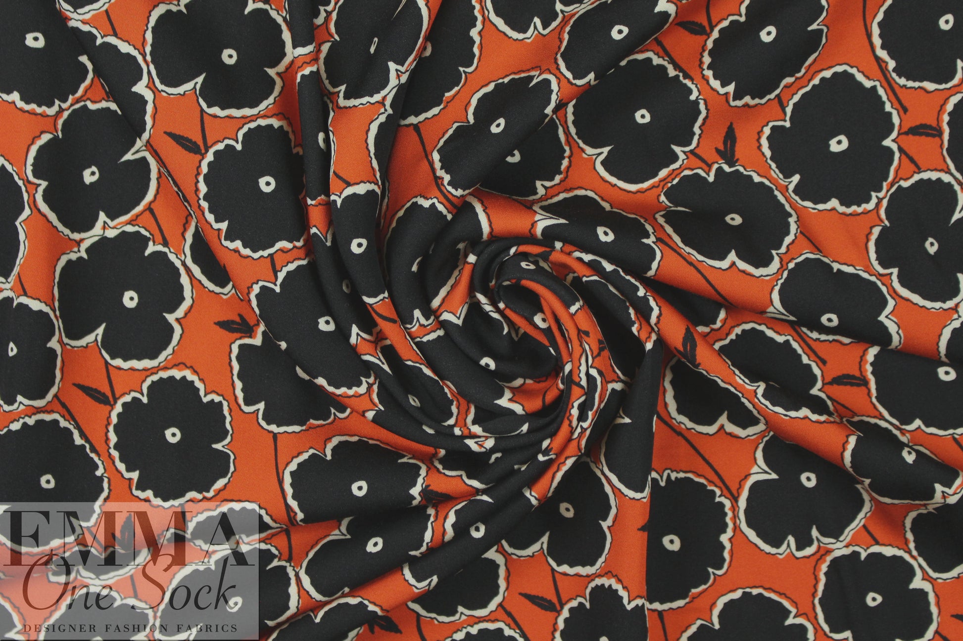 Italian black/hot orange stylized flowers viscose challis