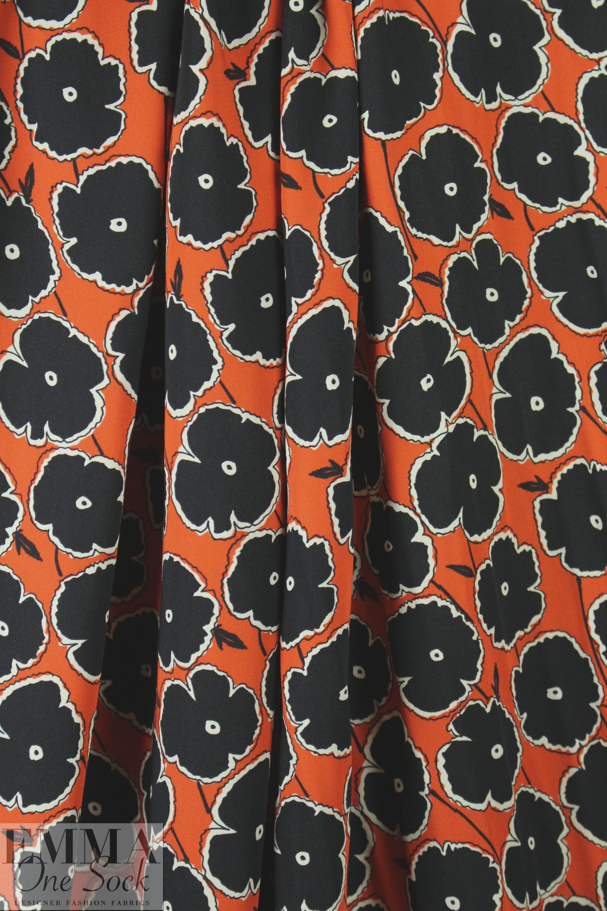 Italian black/hot orange stylized flowers viscose challis
