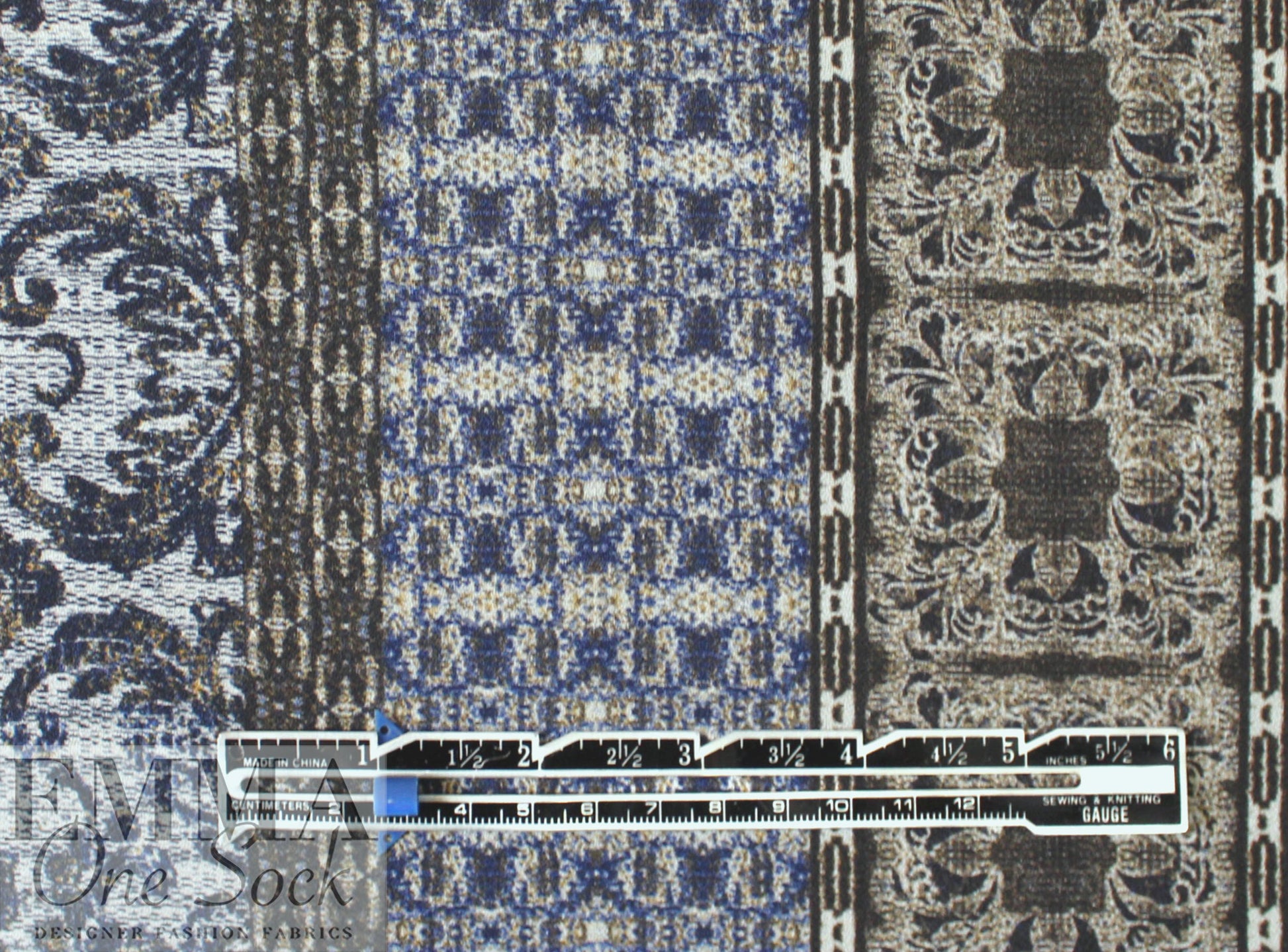 Italian 'distressed scroll' border print viscose crepe 1.5 yd