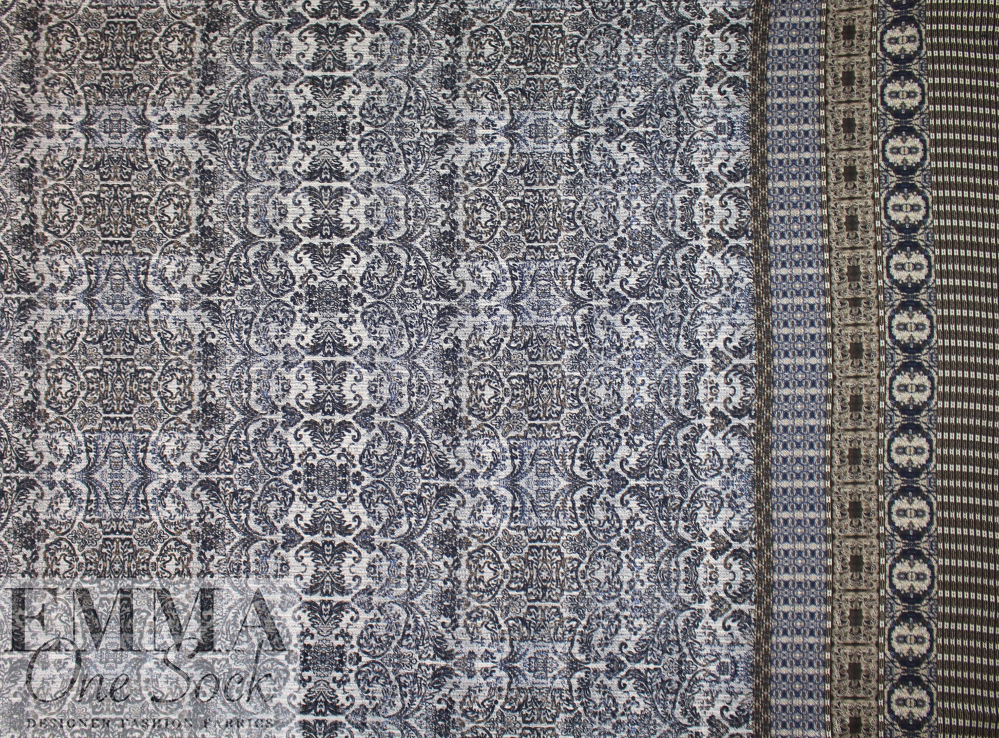 Italian 'distressed scroll' border print viscose crepe 1.5 yd