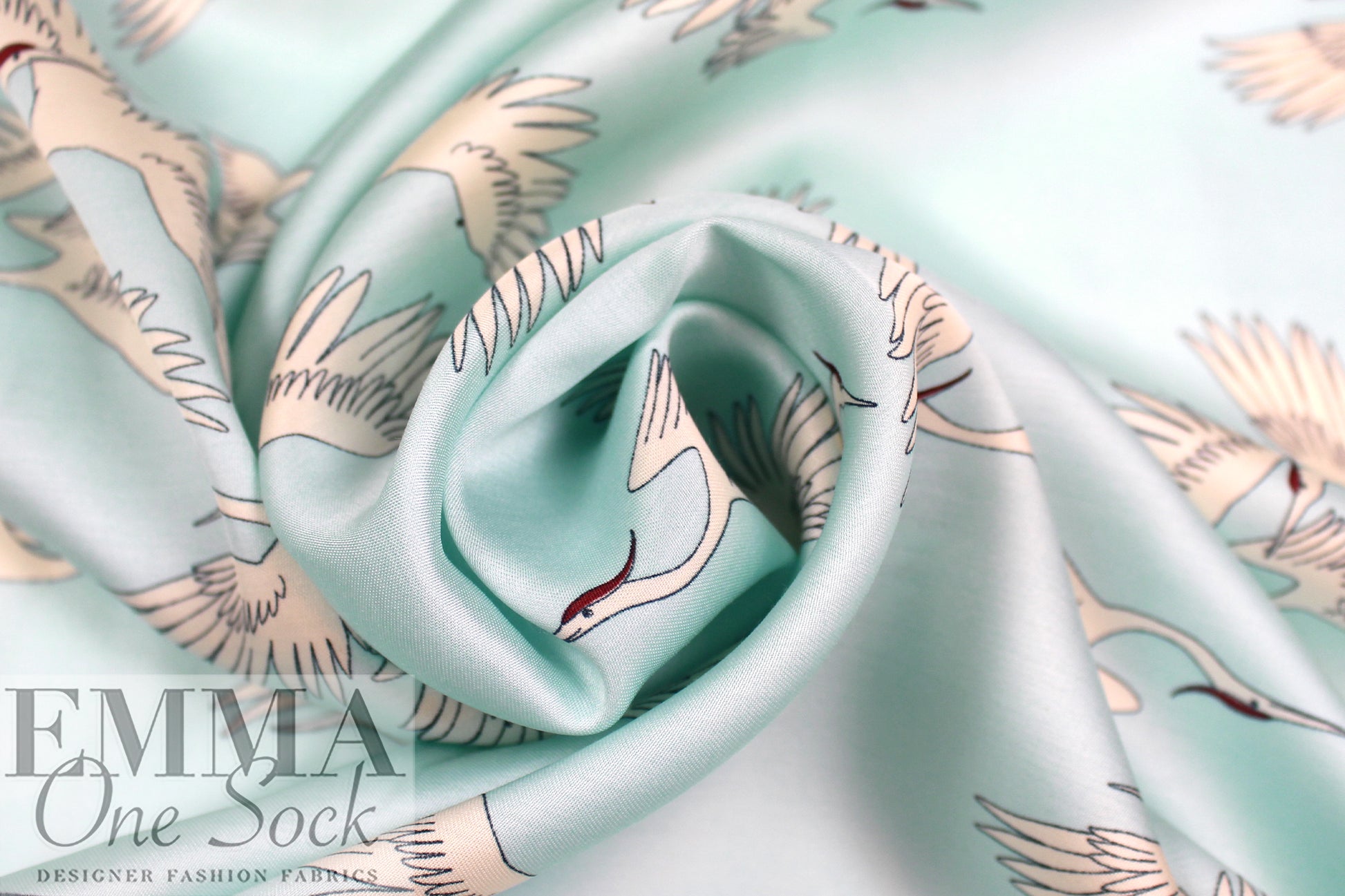 Italian designer cranes in flight satin viscose woven .625 yds