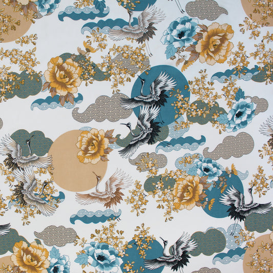 Italian 'Asian crane motif' semi-opaque drapey viscose woven