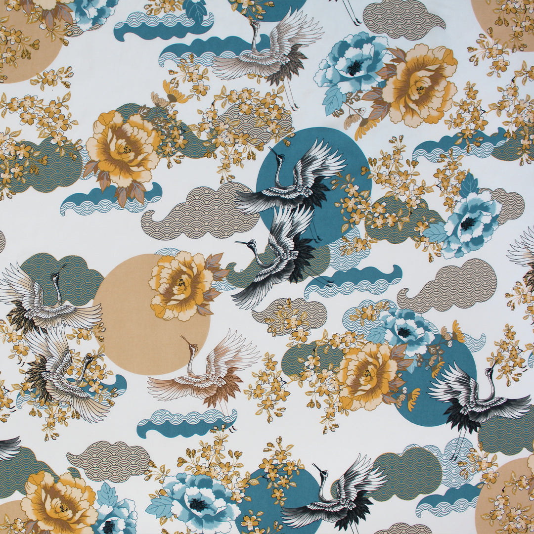 Italian 'Asian crane motif' semi-opaque drapey viscose woven 1.25 yds