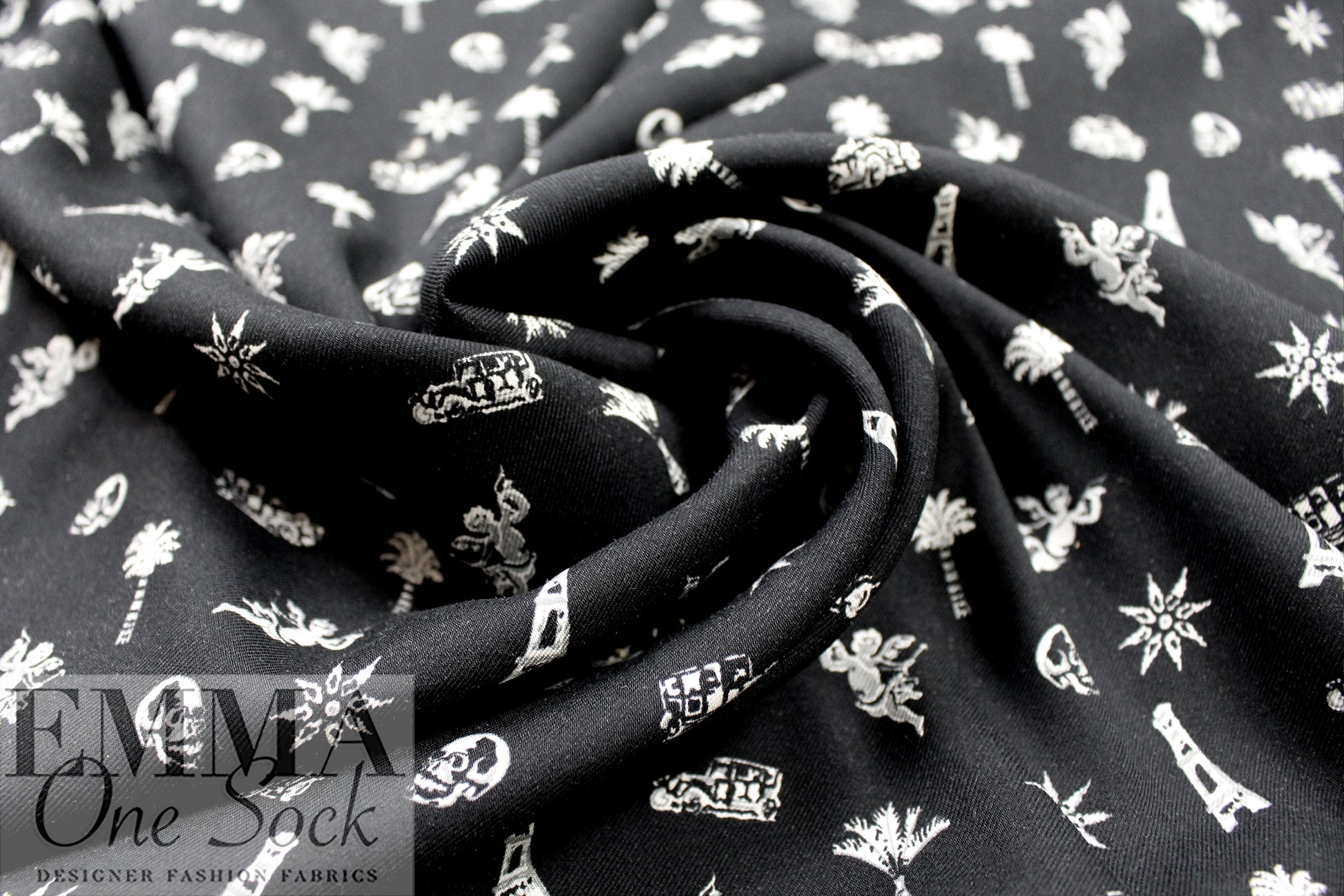 Massim0 'quirky icons' Italian drapey viscose twill 2.25 yd