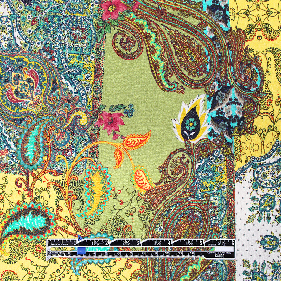 Italian 'paisley reprise' viscose micro-plisse' - maize/sage 1.66 yd