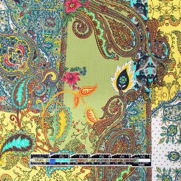 Italian 'paisley reprise' viscose micro-plisse' - maize/sage 1.66 yd