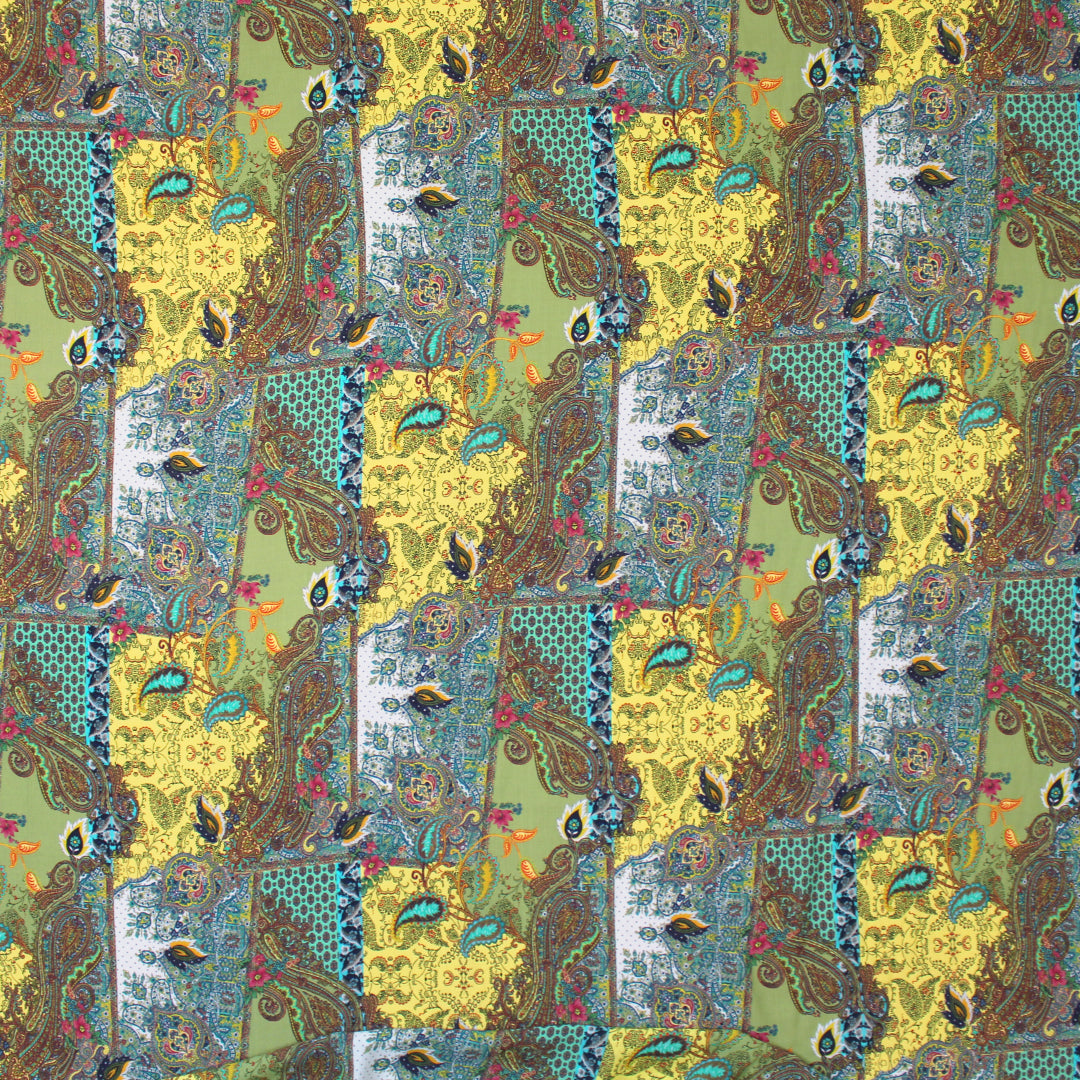 Italian 'paisley reprise' viscose micro-plisse' - maize/sage 1.875 yd