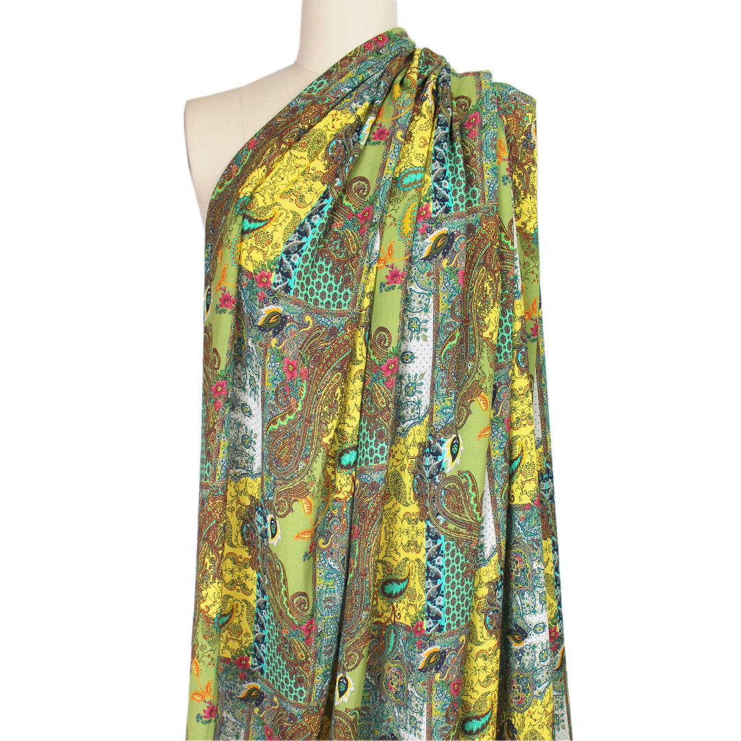 Italian 'paisley reprise' viscose micro-plisse' - maize/sage 1.66 yd