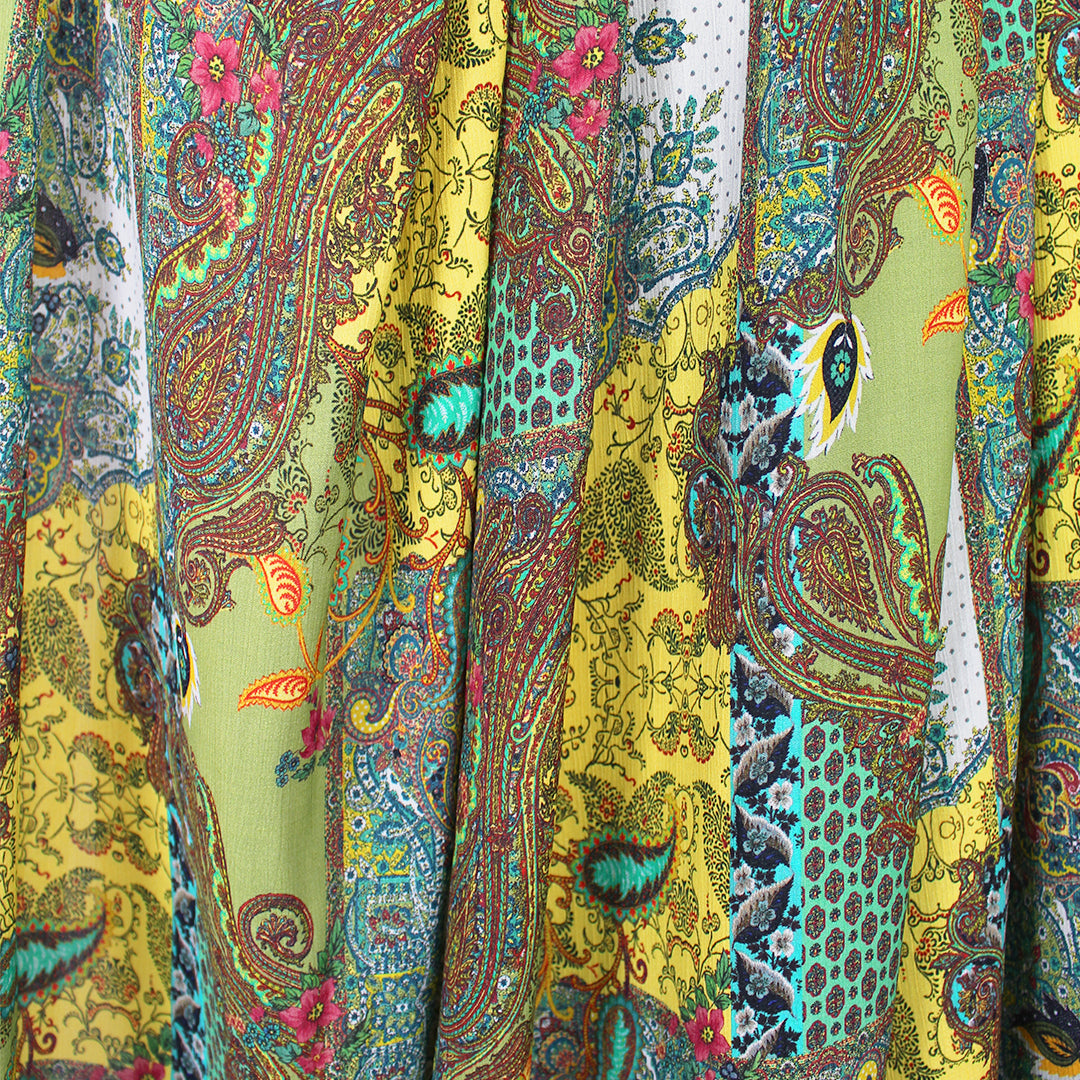 Italian 'paisley reprise' viscose micro-plisse' - maize/sage 1.875 yd