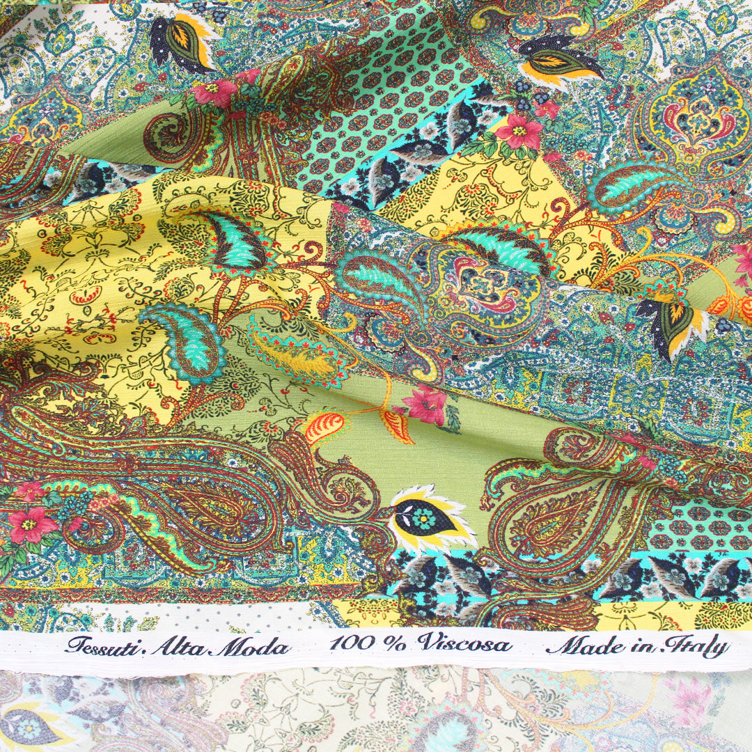 Italian 'paisley reprise' viscose micro-plisse' - maize/sage 1.875 yd