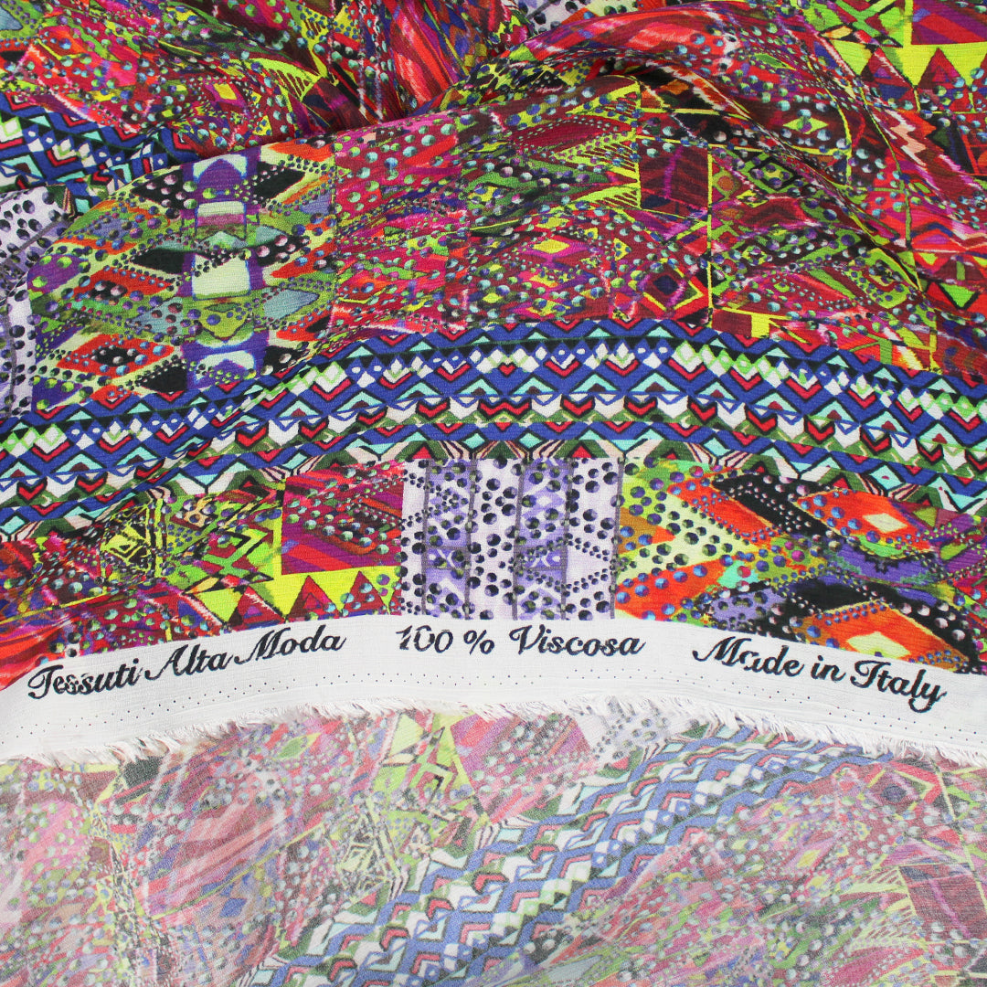 Italian 'partitioned patterns' viscose micro-plisse' woven - chili/lime 2.375 yds