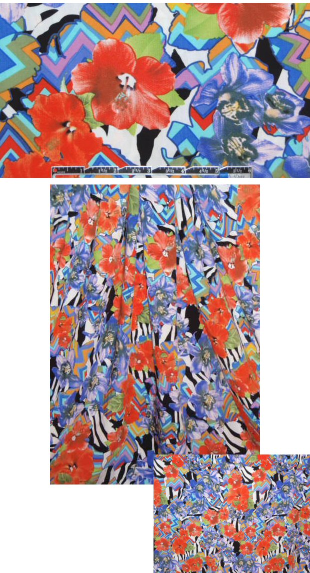 flowers and zigs graphic drapey viscose woven 1.375 yd