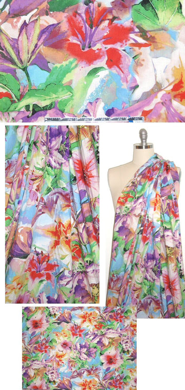 tropical flowers and sky printed viscose woven