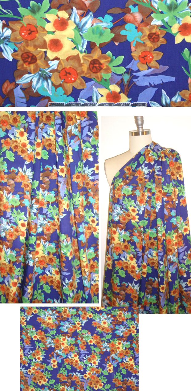 navy/bittersweet floral drapey viscose woven 1.5 yds