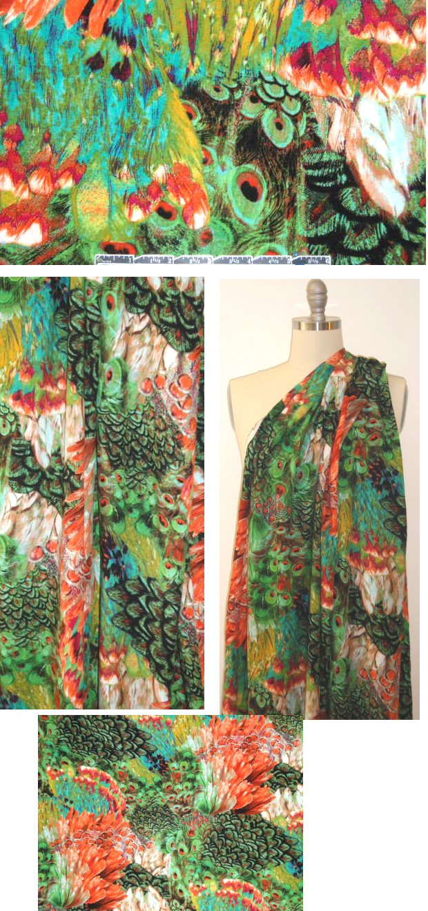 peacock fantasy drapey viscose woven - orange/lime 1.375 yd