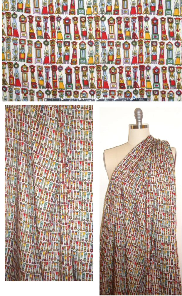 tick tock grandfather clock rayon drapey woven 1.33 yds