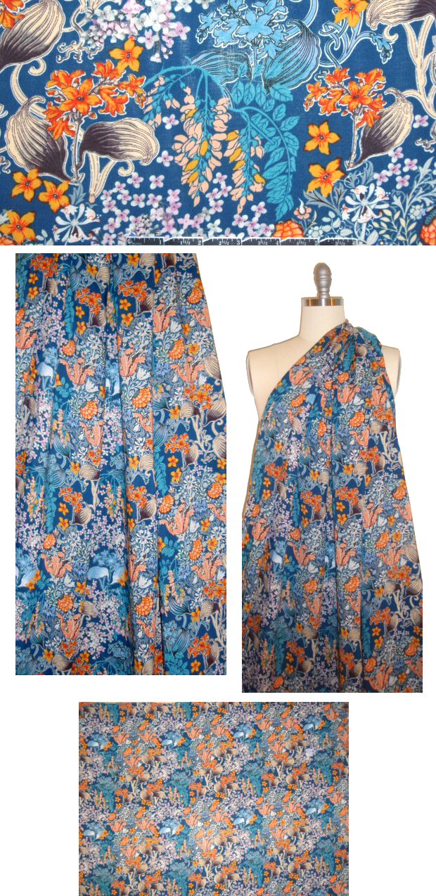 navy/nectarine floral drapey viscose woven 1.25 yds