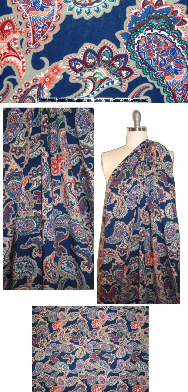 navy/kelly/orange decorative paisley drapey viscose woven 1 yard