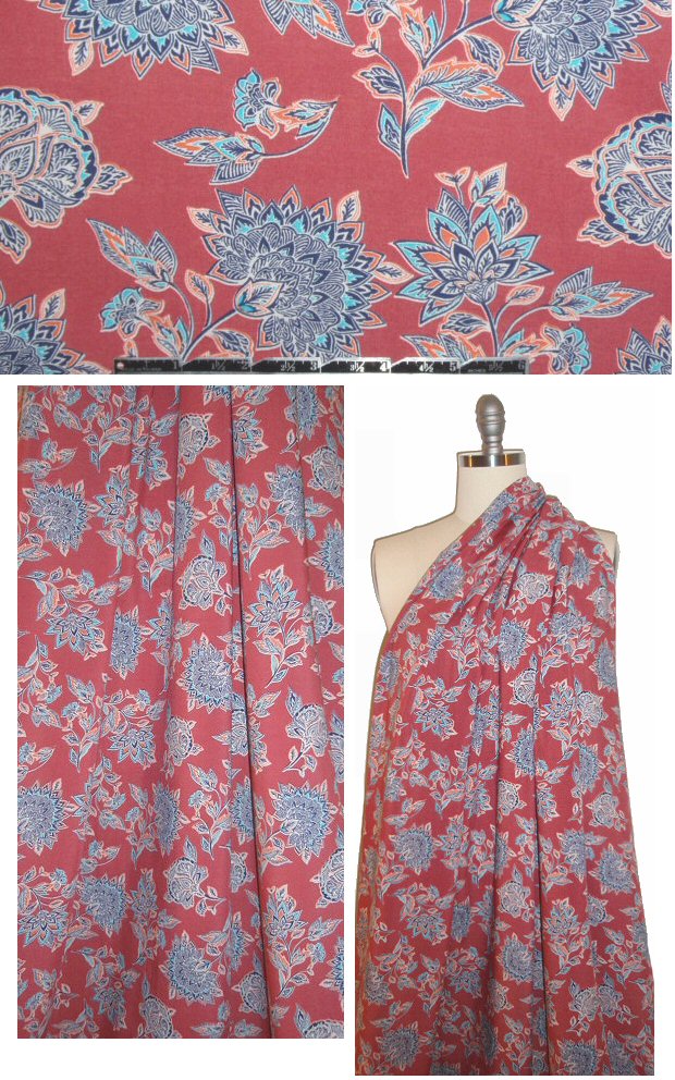 rouge/navy decorative floral drapey viscose voile 1.5 yd