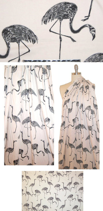 flamingos! black/ecru drapey viscose woven 1 yard