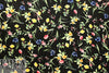 spring flowers on black drapey viscose woven