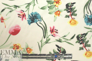 spring flowers on white drapey viscose woven