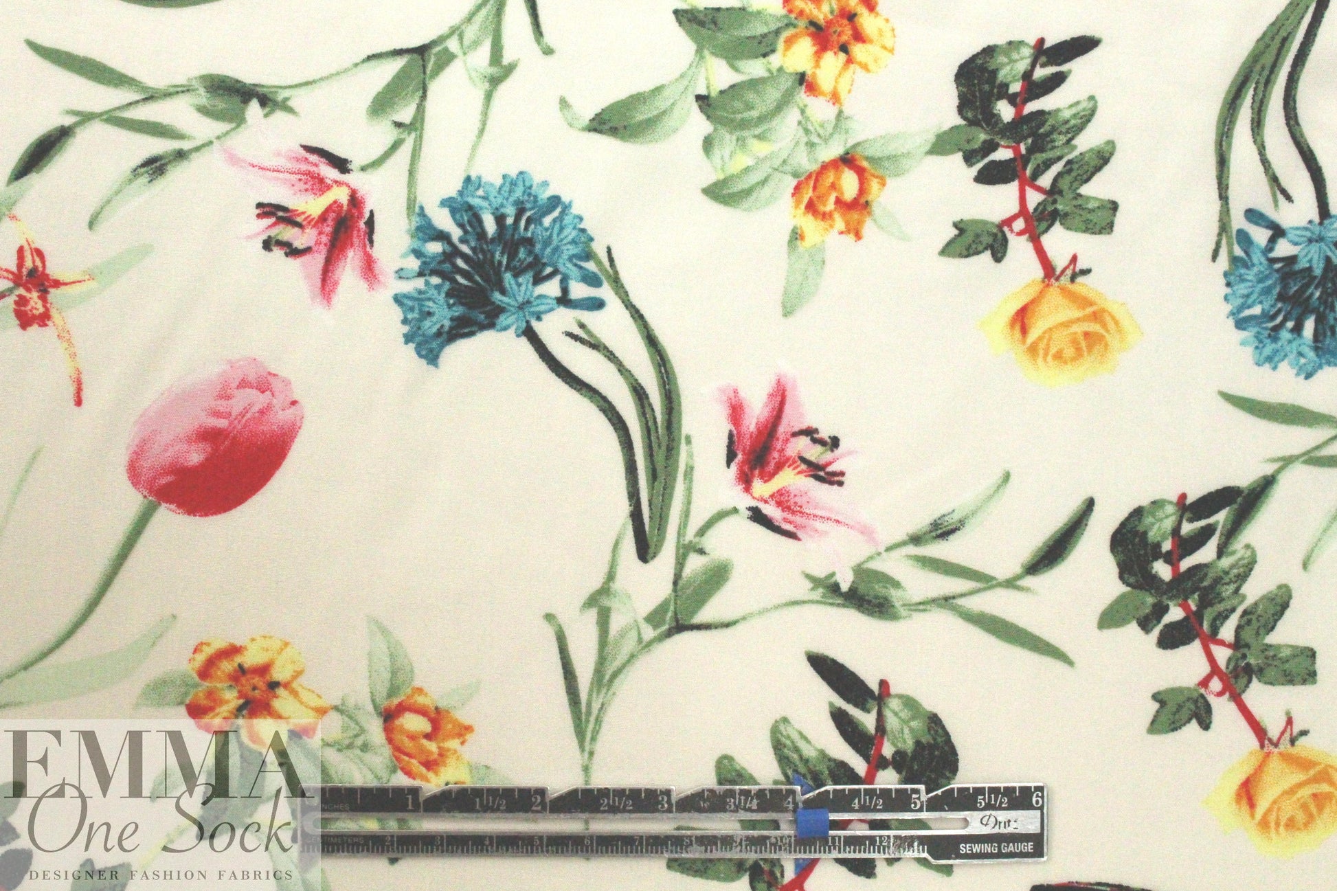 spring flowers on white drapey viscose woven 1.75 yd