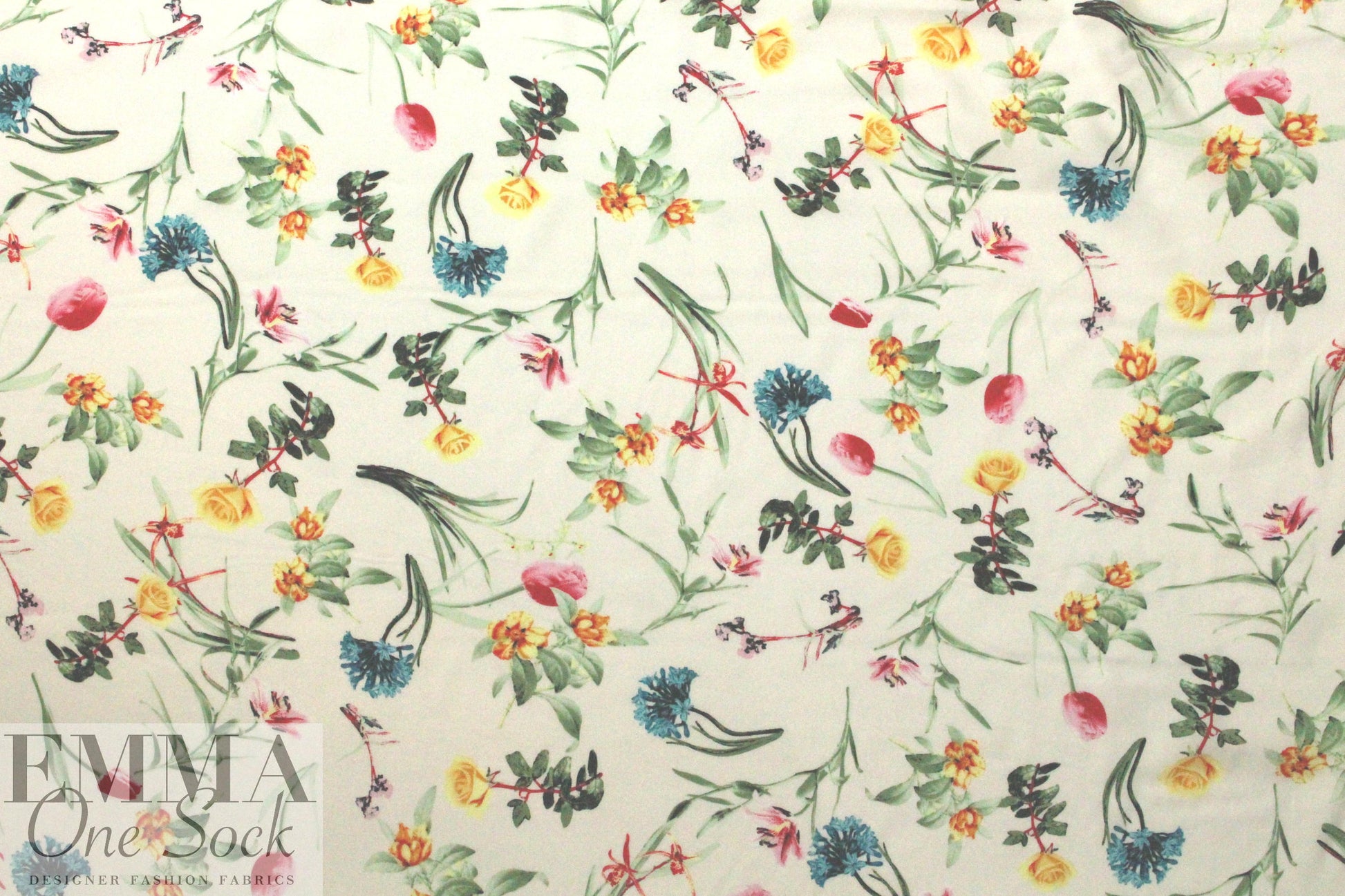 spring flowers on white drapey viscose woven 1.75 yd
