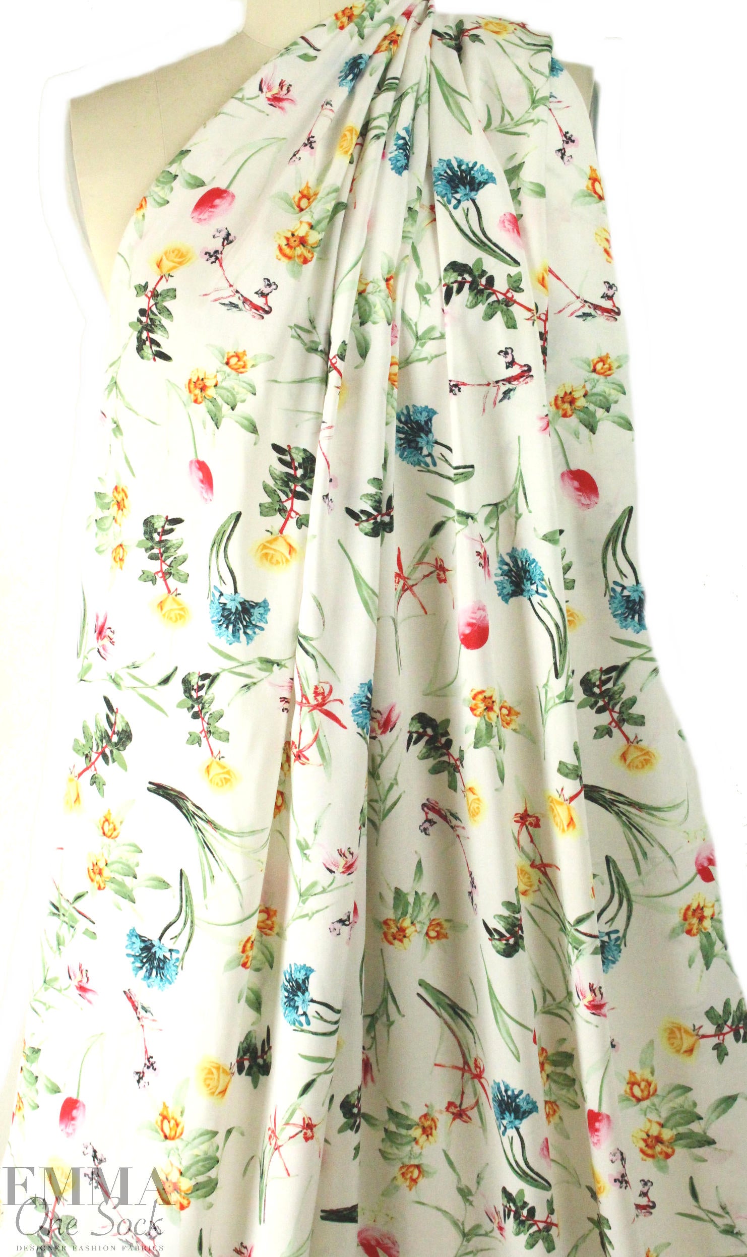 spring flowers on white drapey viscose woven .75 yds