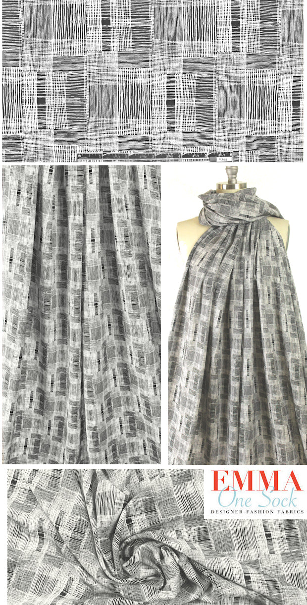black/white crosshatch graphic viscose 'poplin' woven