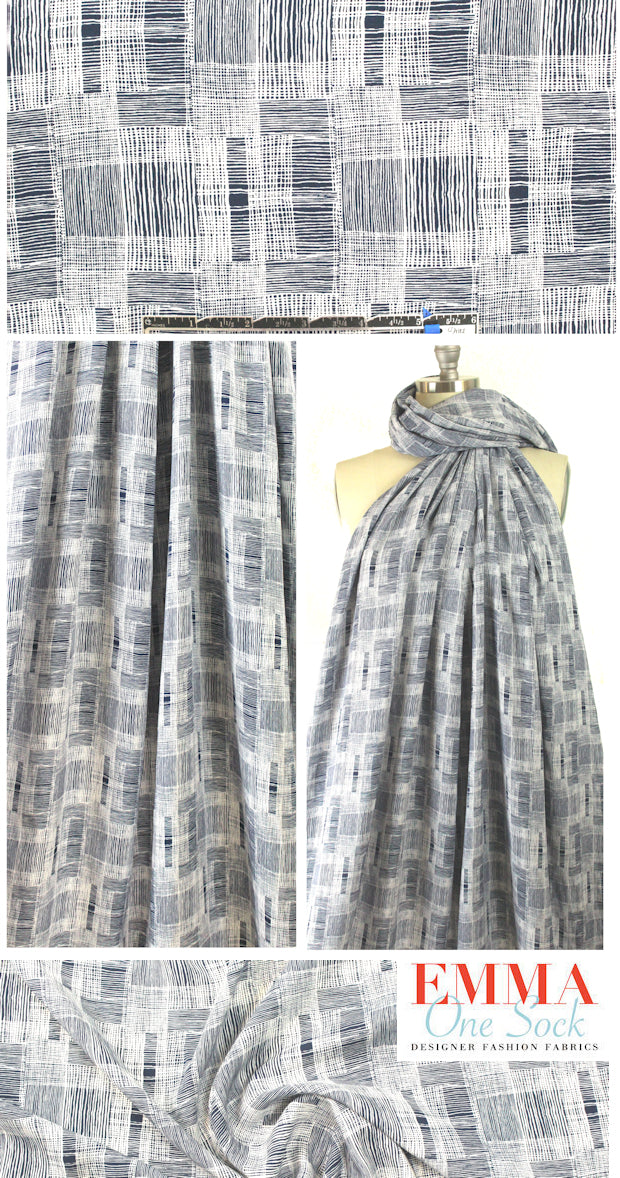 navy/white crosshatch graphic viscose 'poplin' woven