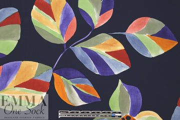 stylized floral on navy drapey viscose woven