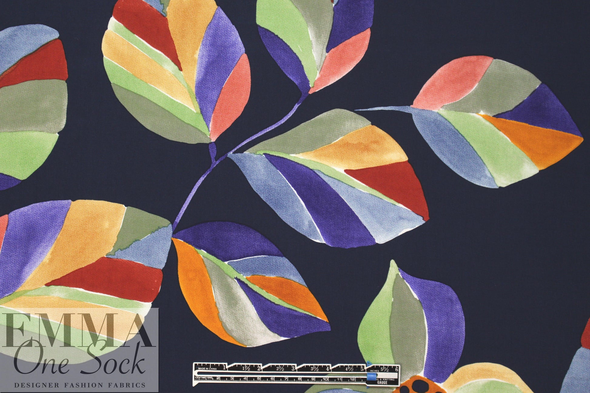 stylized floral on navy drapey viscose woven .75 yds