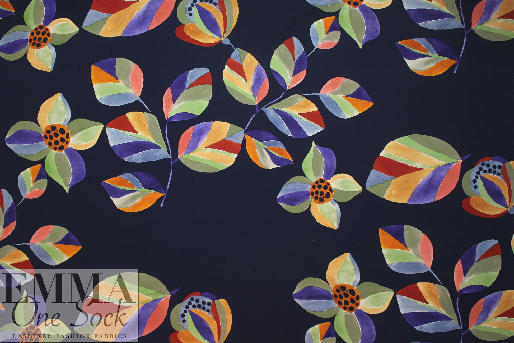 stylized floral on navy drapey viscose woven .75 yds
