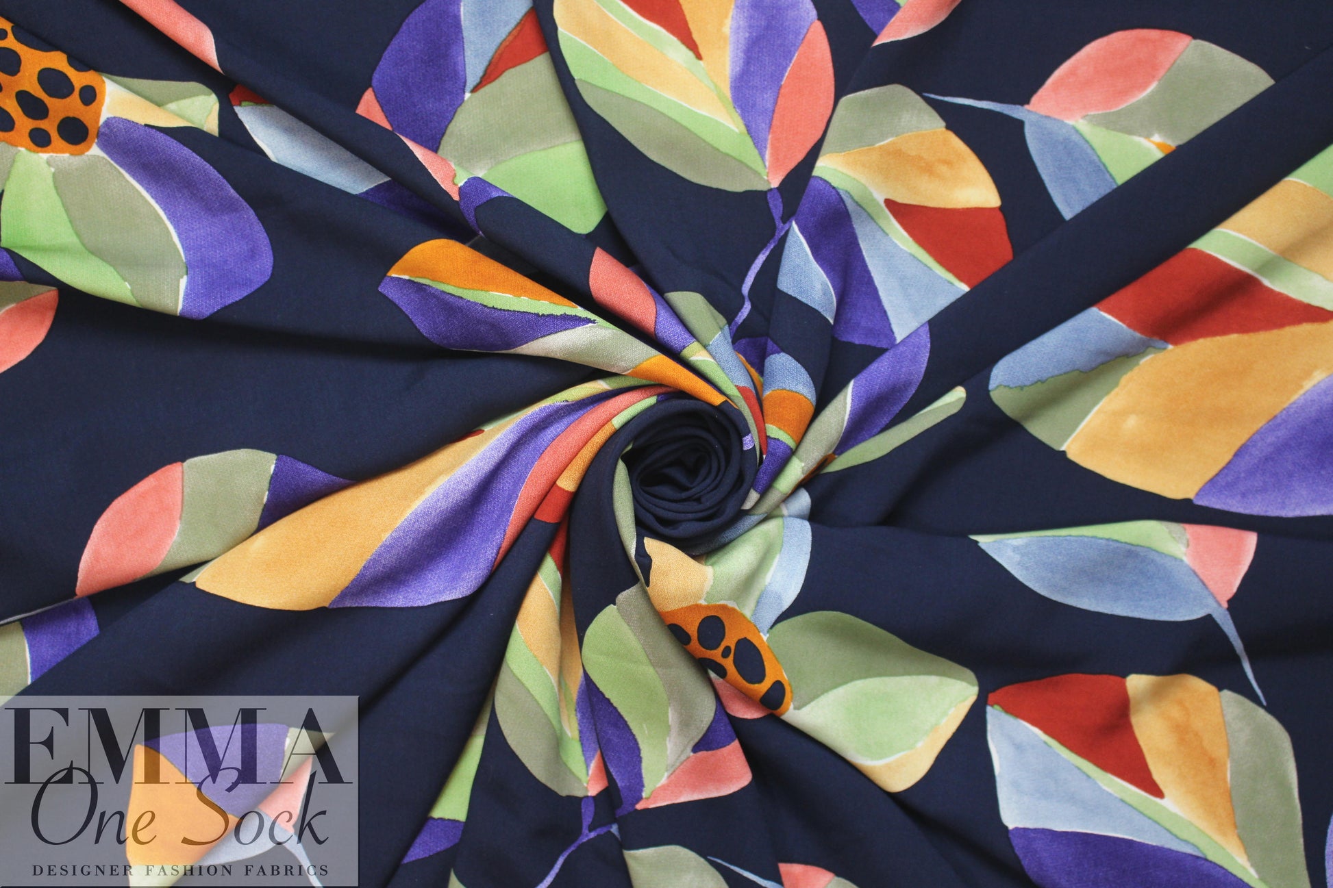 stylized floral on navy drapey viscose woven