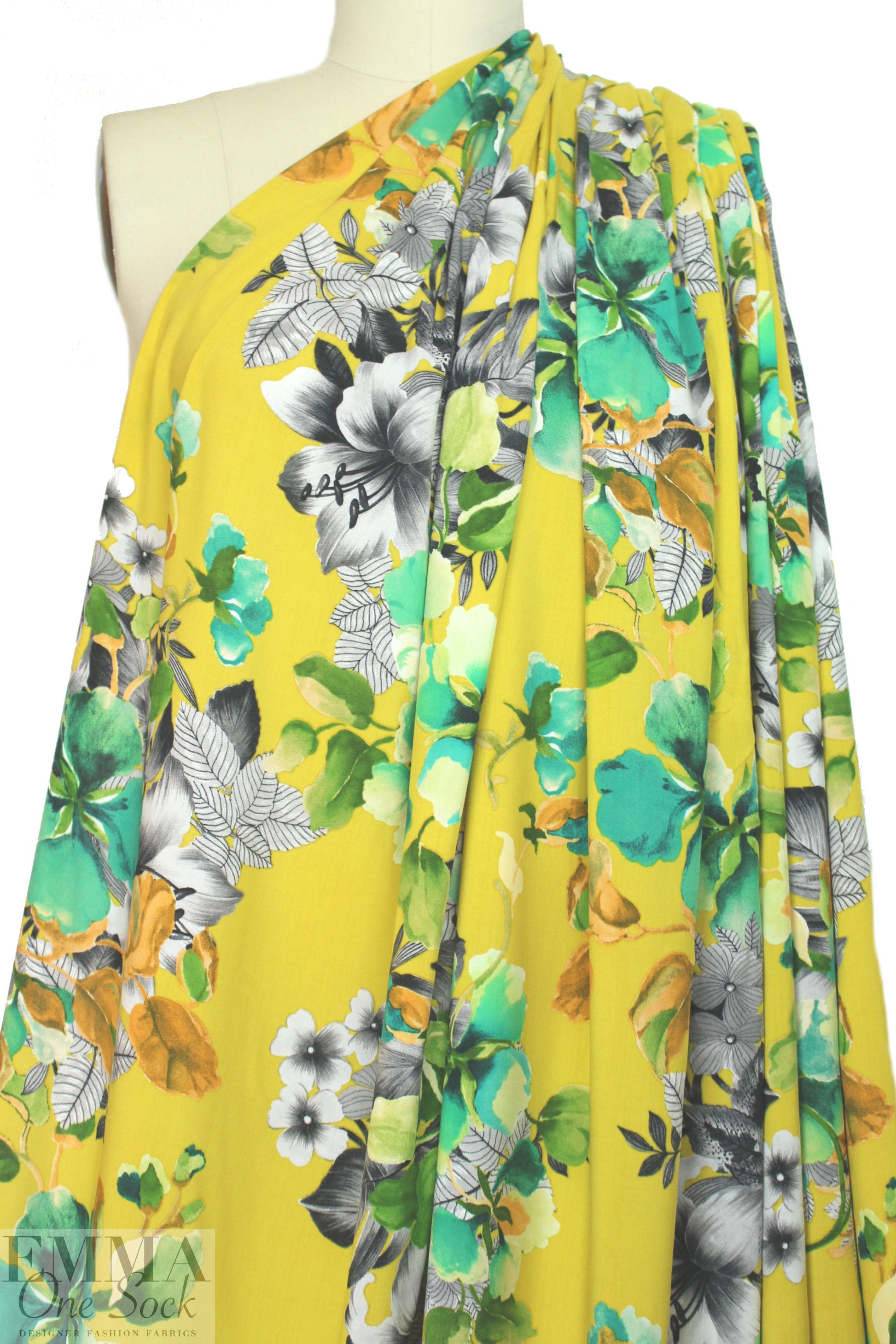 floral bouquets drapey viscose woven - mustard 1.875 yd