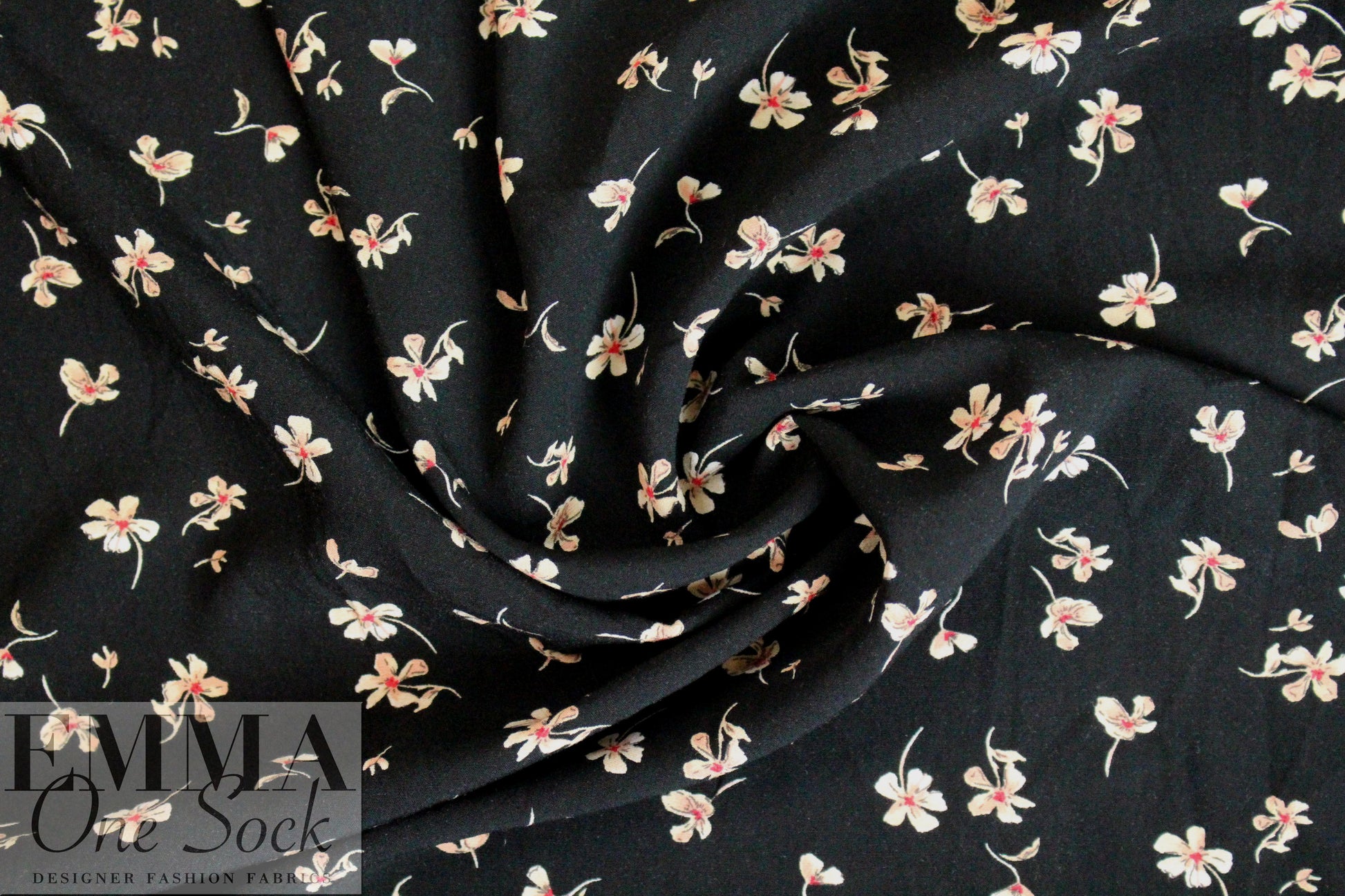 falling blossoms on black drapey rayon woven 3 yd