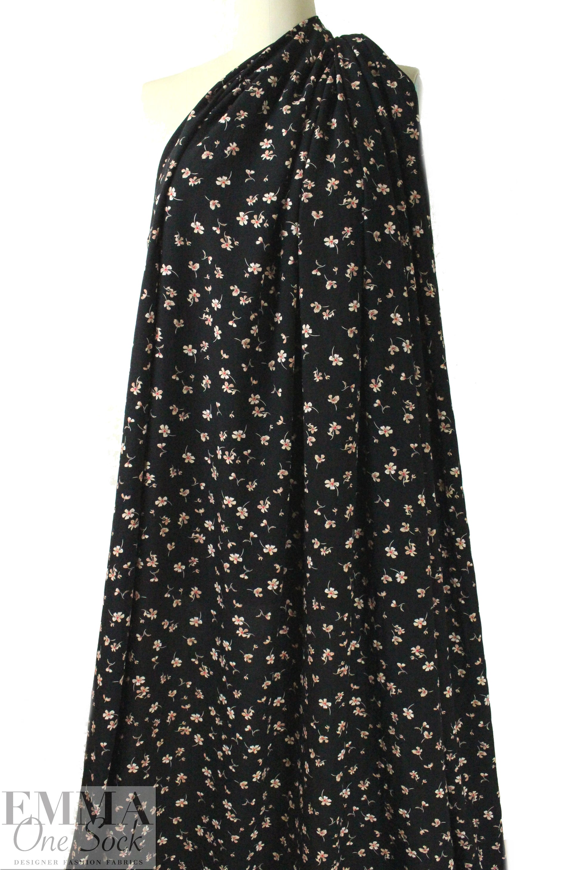 falling blossoms on black drapey rayon woven 2.75 yds