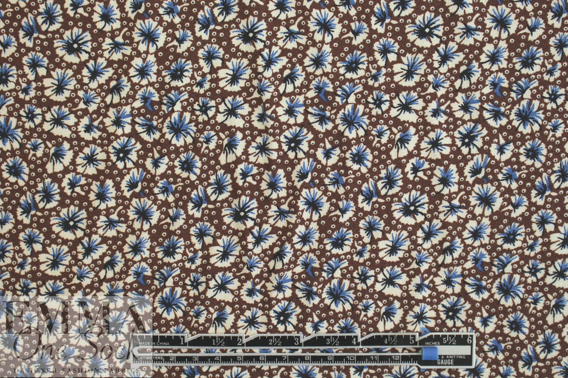 nutmeg/denim/ecru floral drapey viscose woven .75 yds