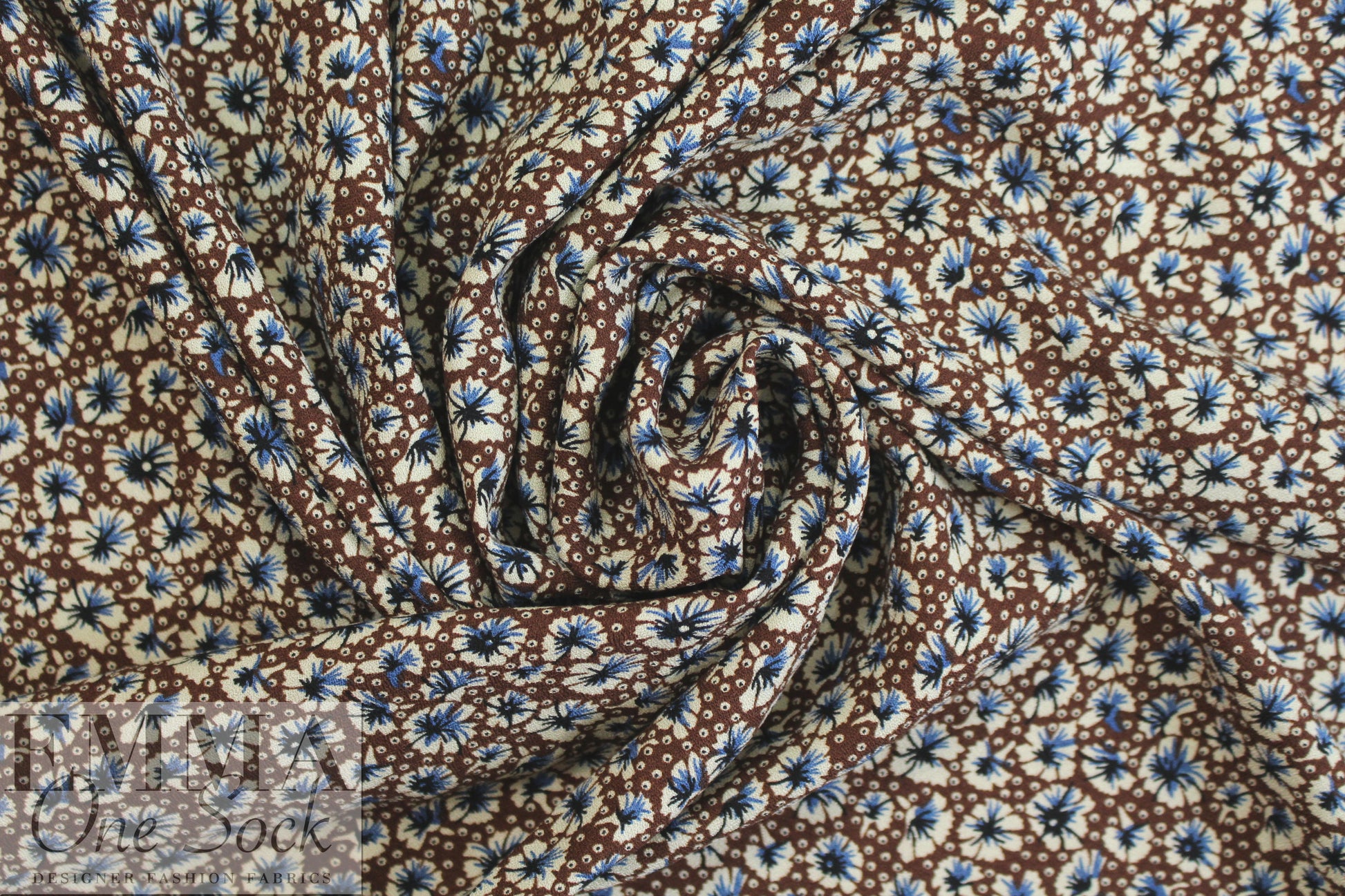 nutmeg/denim/ecru floral drapey viscose woven